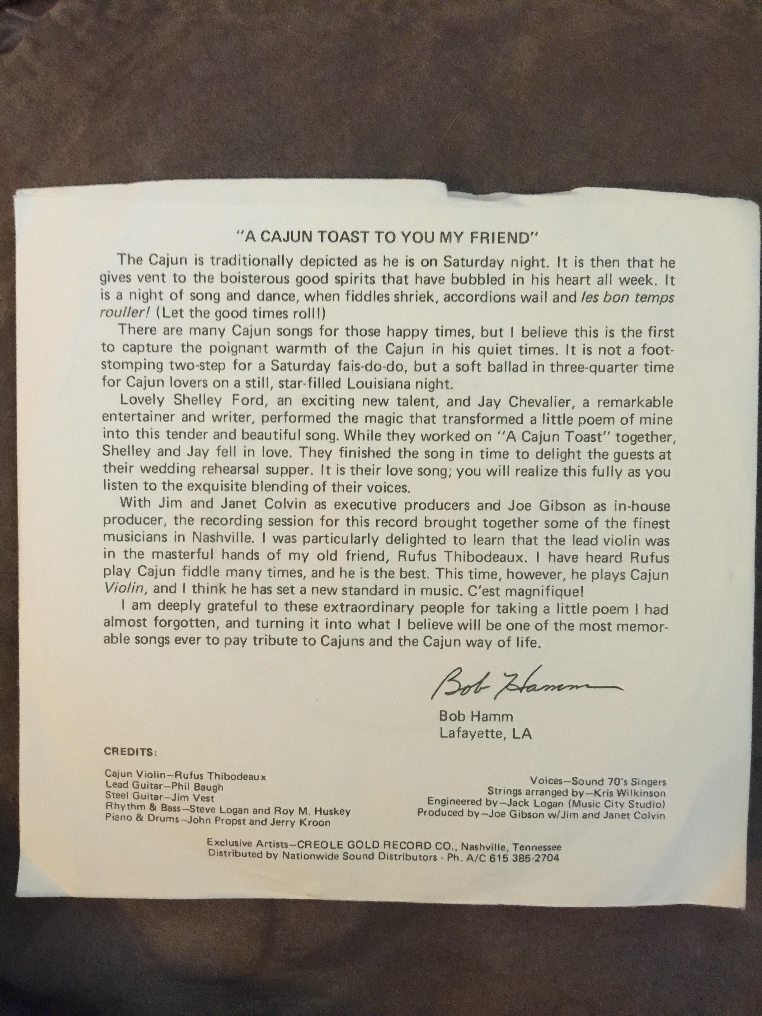 Back liner with Bob Hamm's notes and signature